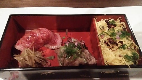 Hida beef hand-rolled sushi and flyer sushi