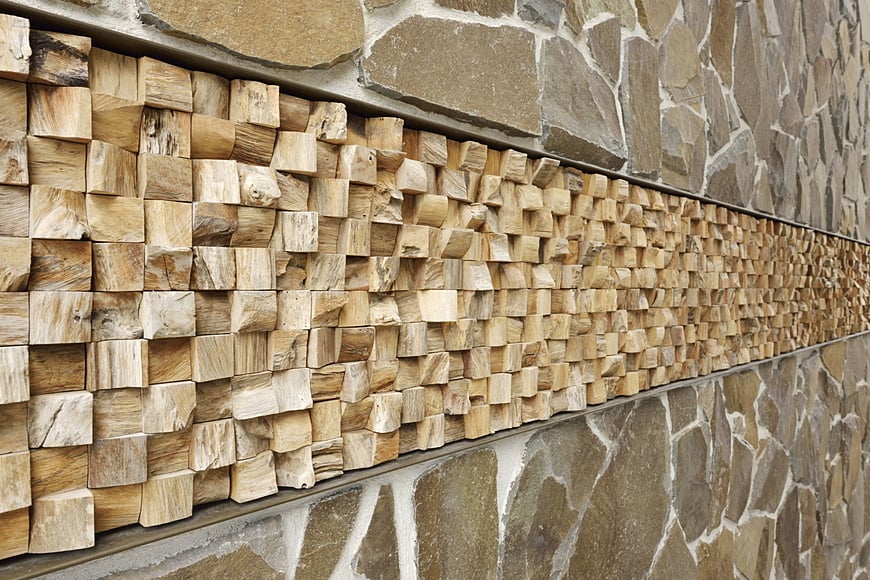 Wood mosaic panel of the entrance wall surface